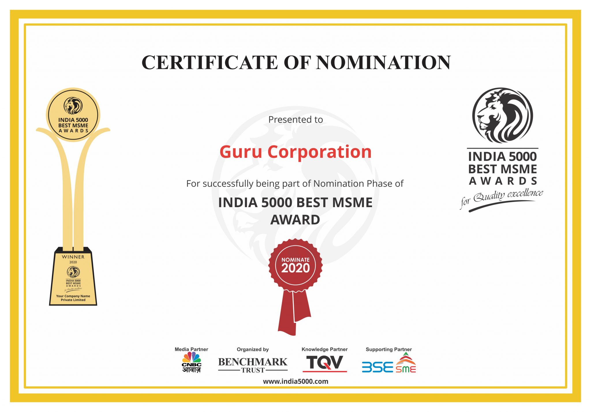 Guru India 5000 Best MSME Award Guru Corporation Guru Metachem